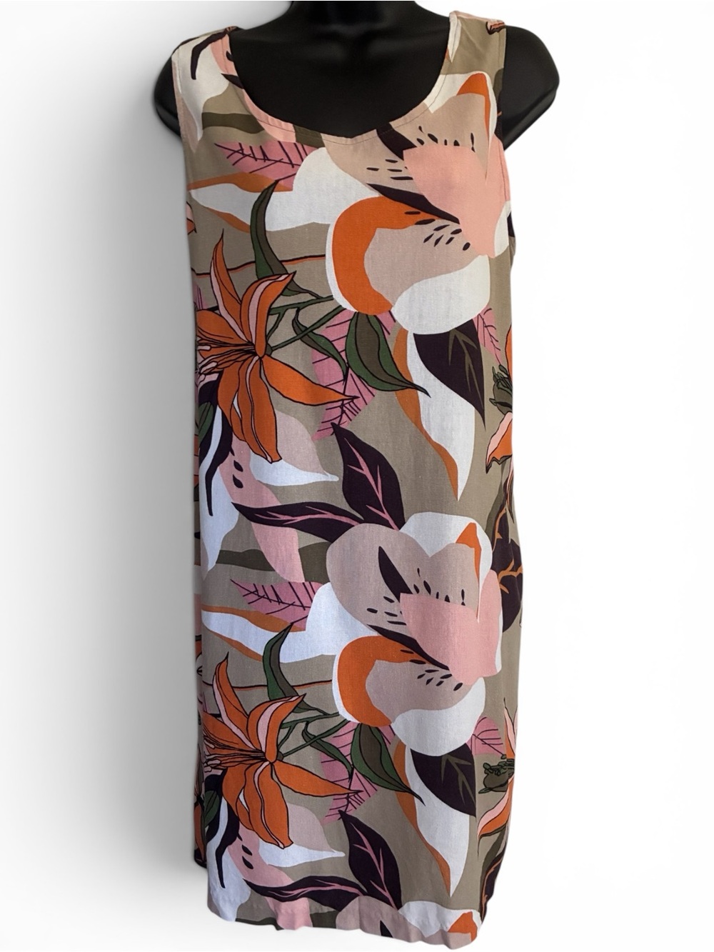 Linen Blend Tropical Floral Print Sleeveless Shift Dress Pink, Orange Brown Sz L